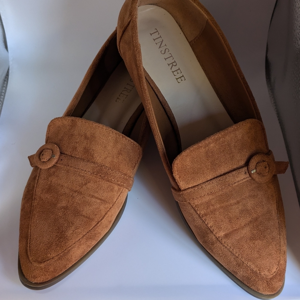 Women's brown faux suede dress shoes, low heel, brown, size 10, Tinstree Brand